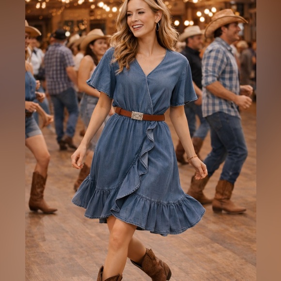 LC Lauren Conrad Dresses & Skirts - LC Lauren Conrad Blue Chambray Denim Ruffle Dress, Size S